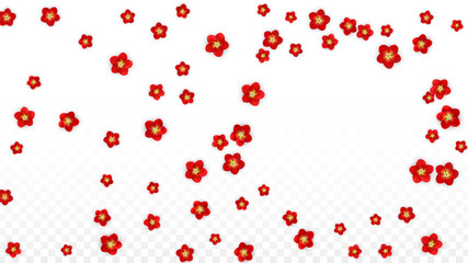Vector Realistic Red Flowers Falling on Transparent Background.  Spring Romantic Flowers Illustration. Flying Asian Rose Spa Design. Blossom Confetti. Design Elements for Wedding Decoration.