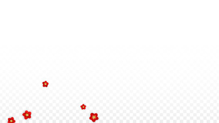 Vector Realistic Red Flowers Falling on Transparent Background.  Spring Romantic Flowers Illustration. Flying Asian Rose Spa Design. Blossom Confetti. Design Elements for Wedding Decoration.