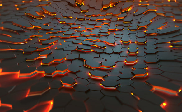 A field of burning hexagons with flaming edges. 3D illustration of futuristic background.