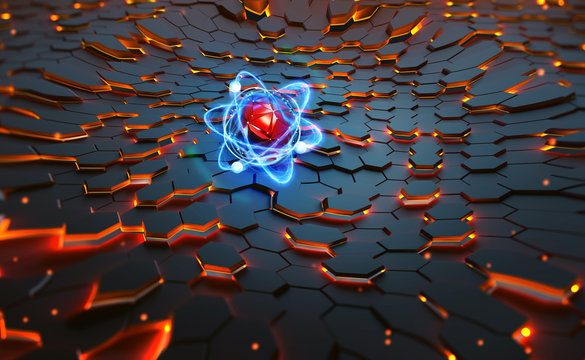 Atom. Futuristic concept of scientific discovery. 3D illustration of a reactor cell with a nuclear model surrounded by electrons