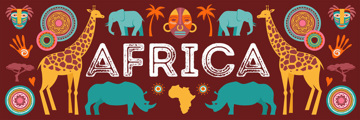 Africa banner, vector illustration of Safari, animals, tribal symbols