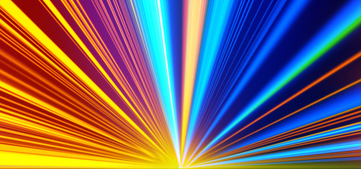 Obraz premium Light motion. Speed motion on the neon glowing road at dark. Speed motion on the road. Colored light streaks acceleration. Abstract illustration. Blue and Orange Yellow motion streaks. Space Gates.