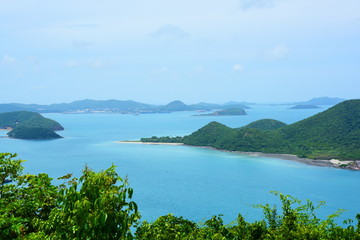 Sea views and islands close to Sattahip Naval Base, Thailand. The view from the high peaks.