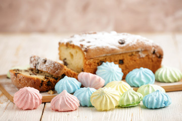 Delicious homemade cake with raisins on a light wooden background. close-up. rustic. copy space.