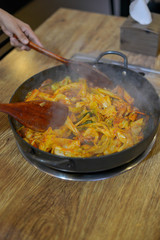 Cooking korean spicy sauce mixed vegetable	on a table
