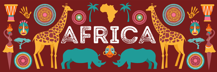 Africa banner, vector illustration of Safari, animals, tribal symbols