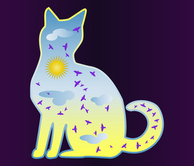 Cat-day. Silhouette of a cat painted with a day sky, with clouds, sun