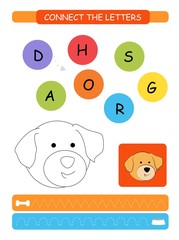 Connect the letters. Printable worksheet for preschool and kindergarten kids. Alphabet learning letters and coloring. Vector illustration.