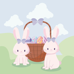 cute rabbits female and basket with eggs of easter
