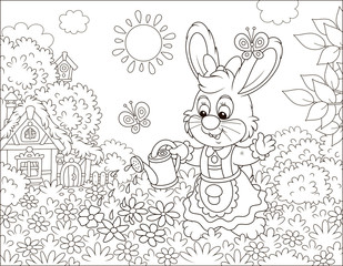 Little cute Bunny watering beautiful flowers on its lawn in front of a small thatched house on sunny Easter day, black and white vector illustration in a cartoon style for a coloring book
