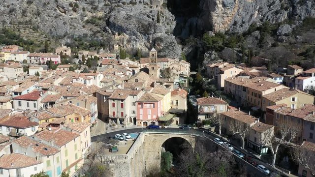 France, Alpes-de-haute-provence,  Aerial view of Moustiers-Sainte-Marie labelled Les Plus Beaux Villages de France, The Most Beautiful Villages of France.