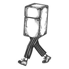 Fototapeta na wymiar Fridge walks on its feet sketch engraving vector illustration. Scratch board style imitation. Black and white hand drawn image.