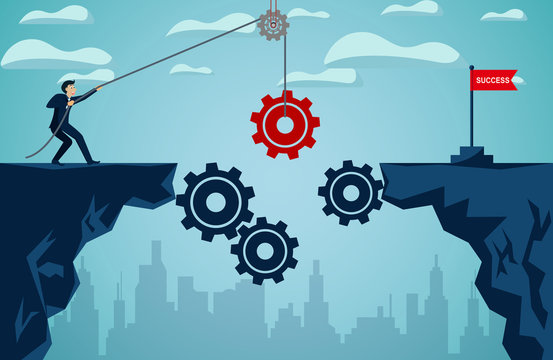 business finance success concept.  businessman who pull the red gear With rope to be a bridge leads to the goal red flag. So that the organization can be driven. illustration cartoon vector