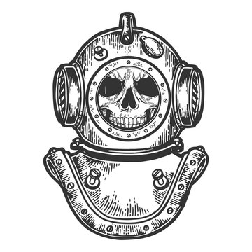 Human skull diving helmet sketch engraving vector illustration. Scratch board style imitation. Hand drawn image.