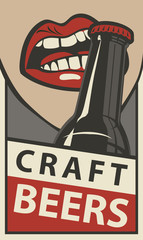 Vector banner for with words Craft beers. Flat illustration in retro style with the mouth opening a beer bottle with your teeth