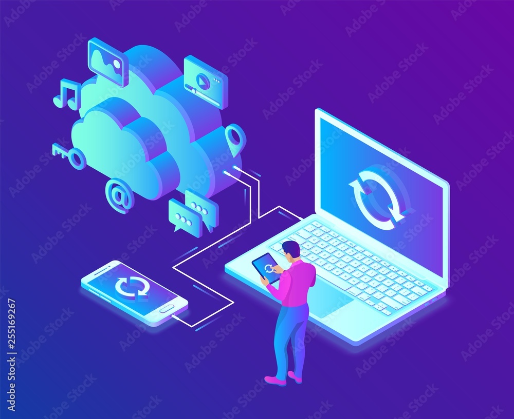 Poster cloud storage. cloud computing technology isometric concept with laptop and smartphone icons. user m