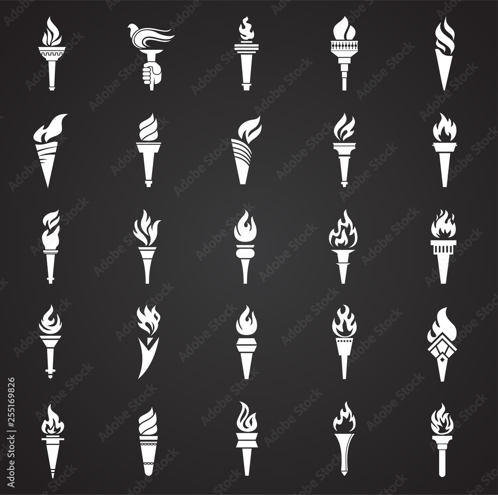 Poster torch icons set on black background for graphic and web design. simple vector sign. internet concept