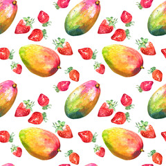 Watercolor seamless pattern with hand drawn fresh juicy fruits