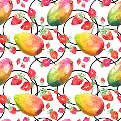 Watercolor seamless pattern with hand drawn fresh juicy fruits