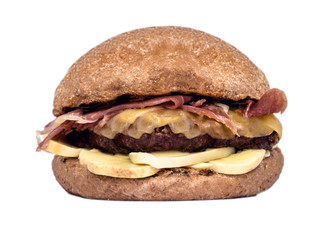 tasty hamburger isolated on white background, made with whole wheat bread and vegetables.