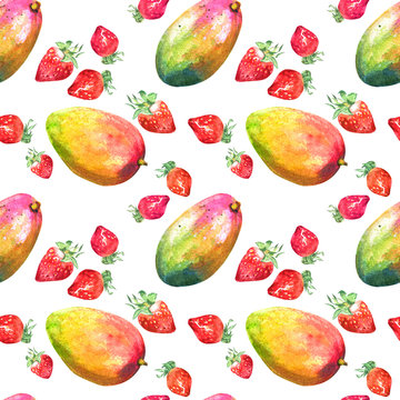 Watercolor seamless pattern with hand drawn fresh juicy fruits