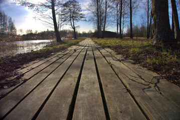 Empty board walk along a tranquil lake or river