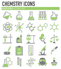 Chemistry icons set on white background for graphic and web design. Simple vector sign. Internet concept symbol for website button or mobile app.