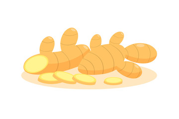 Ginger and sliced ginger isolated on white background.
