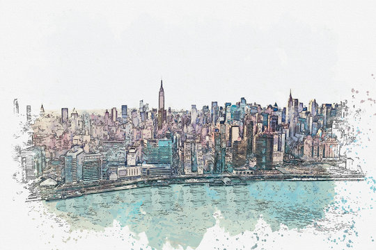 Watercolor sketch or illustration of a beautiful view of the New York City with urban skyscrapers