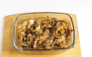 Fried pieces of meat in a glass container on a white background.