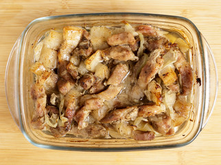 Fried pieces of meat in a glass container on a white background.