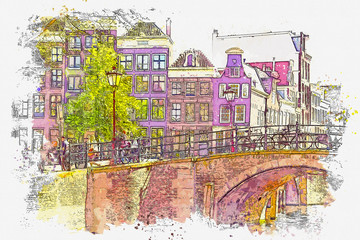 Fototapety  Szkic akwarela lub ilustracja piękny widok tradycyjnych budynków mieszkalnych lub architektury miejskiej w Amsterdamie w Holandii