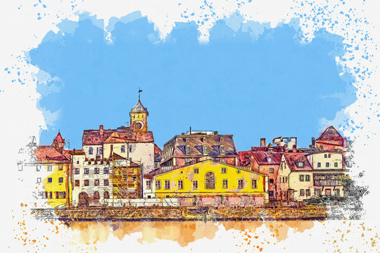Watercolor sketch or illustration of a beautiful view of the traditional European architecture in Regensburg in Germany