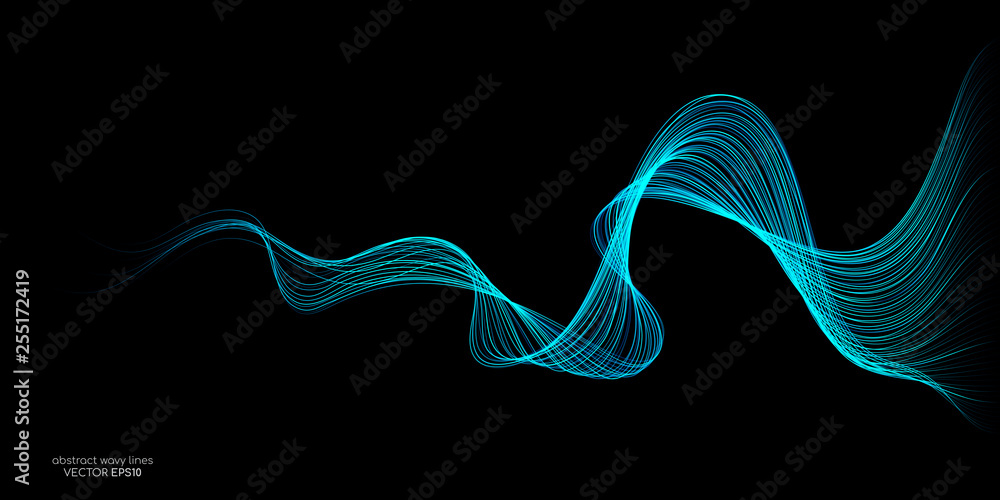 Poster abstract vector wave lines flowing blue green isolated on black background. in concept of ai technol