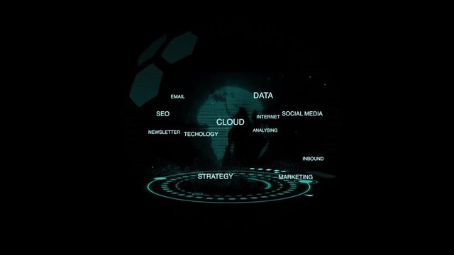 Marketing Strategy Concept with Abstract Technology Background, 3D Holographic Earth Globe and UI