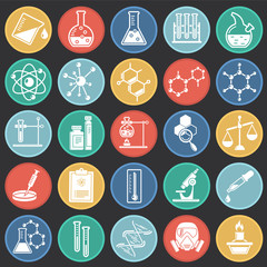 Chemistry icons set on color circles black background for graphic and web design. Simple vector sign. Internet concept symbol for website button or mobile app.