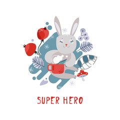 Vector winter illustration of a hare. Winter elements of plants. Grass mushrooms