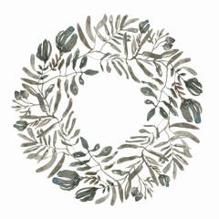 Watercolor wreath with spring flowers, leaves and branches. Spring wreath with floral elements. Hand drawn illustration with blossoming branches isolated on white background. 