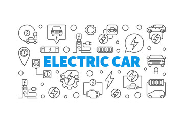 Electric car horizontal banner in thin line style. Vector concept illustration