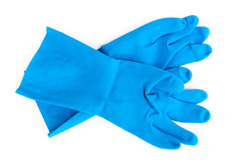 blue rubber gloves for cleaning on white background, workhouse concept