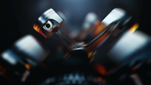 3d footage. V8 motor with working pistons and crankshafts inside camera view. Concept of automobile engine