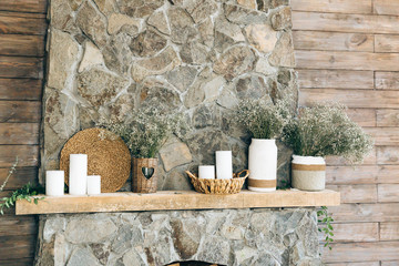 country house with stone wall shelf decoration