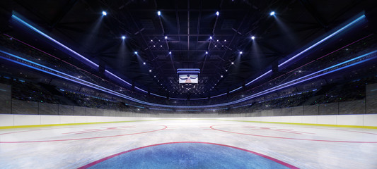 ice hockey stadium interior goalkeeper view illuminated by spotlights, hockey and skating stadium indoor 3D render illustration background, my own design © LeArchitecto