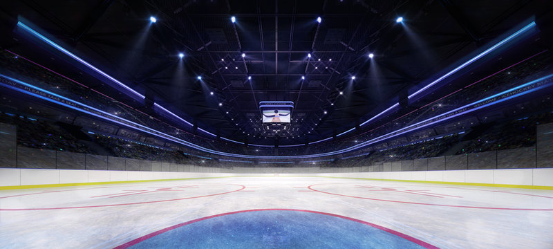 ice hockey stadium interior goalkeeper view illuminated by spotlights, hockey and skating stadium indoor 3D render illustration background, my own design