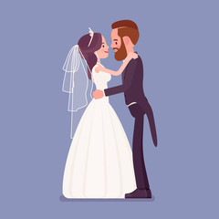 Bride and groom in gentle hug on wedding ceremony. Elegant tuxedo man, woman in beautiful dress on traditional celebration, married couple in love. Marriage customs and traditions. Vector illustration