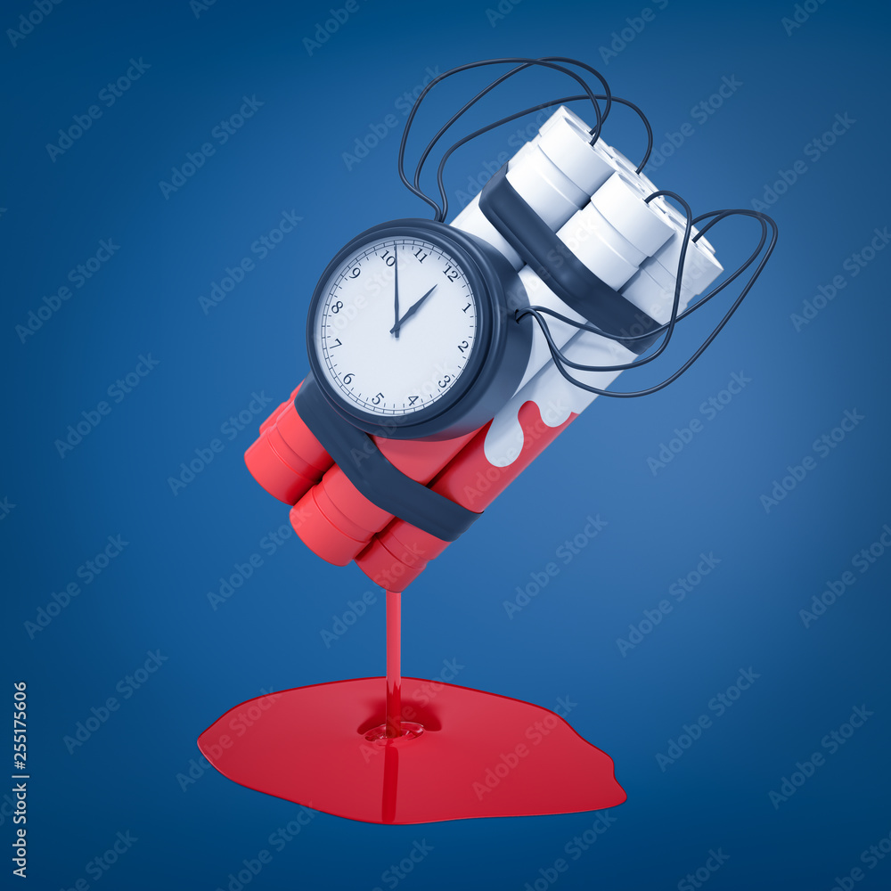 Poster 3d rendering of a white dynamite bundle with a time bomb that has been dipped in red paint which is 
