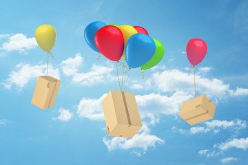 3d rendering of carton boxes attached to colorful balloons in the air with blue sky and white clouds on the background
