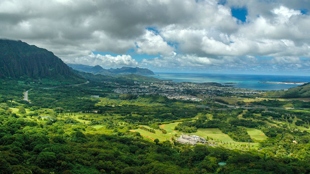 Kaneohe Panorama taken form Nu'uanu Pali Lookout, Oahu, Hawaii.