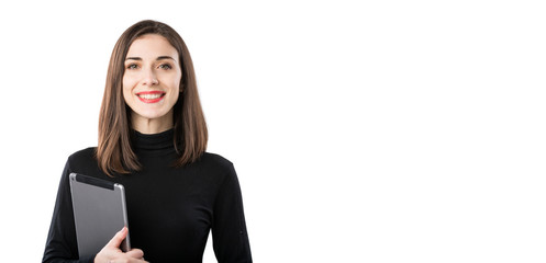 Woman business technology theme. Beautiful young caucasian woman in black shirt posing standing...