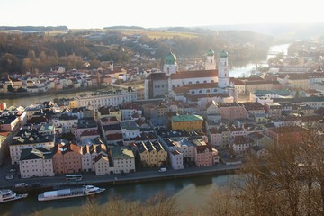 Panoramic view of Passau, Bavaria, Germany, in February. The peninsula between the rivers Danube and Inn. Seen from the Castle Veste Oberhaus. Europe.